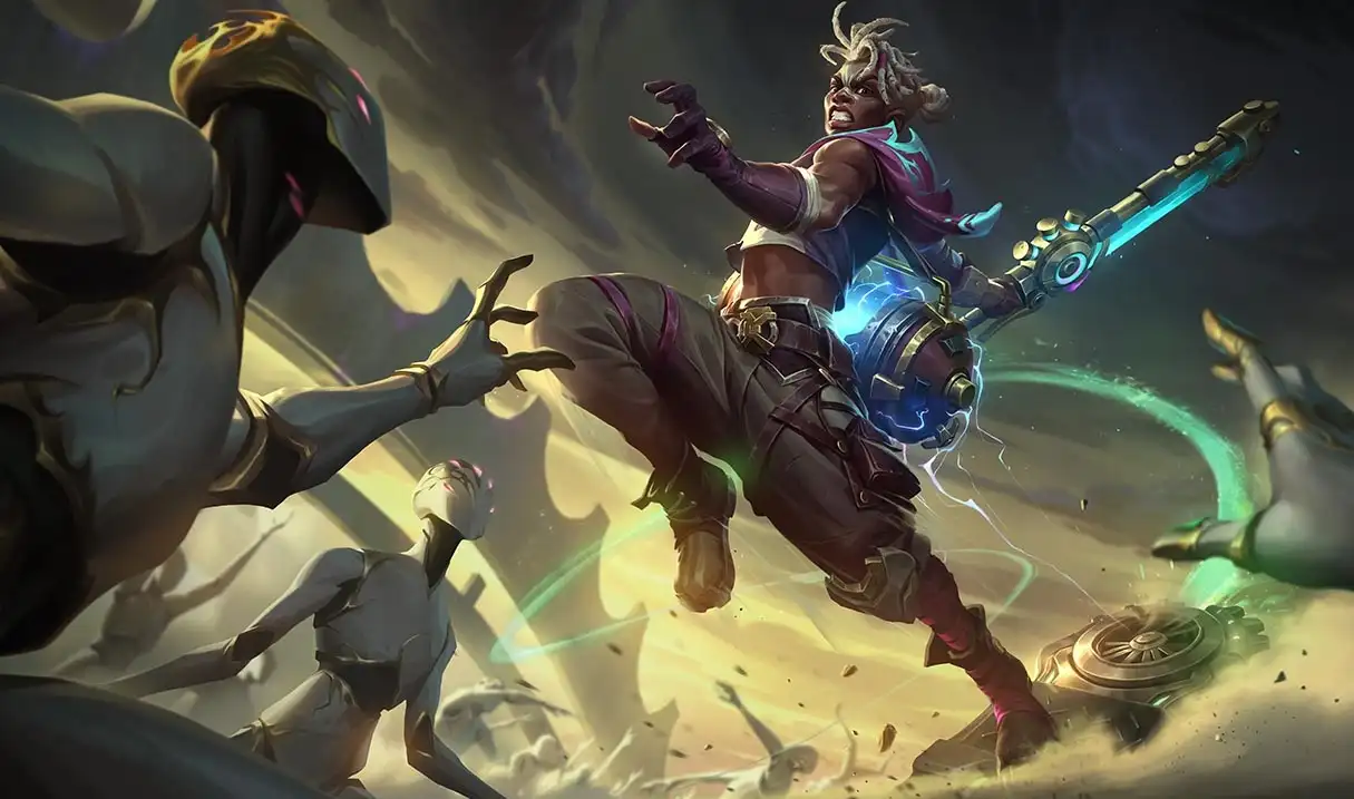 Arcane Last Stand Ekko skin splash art for Ekko